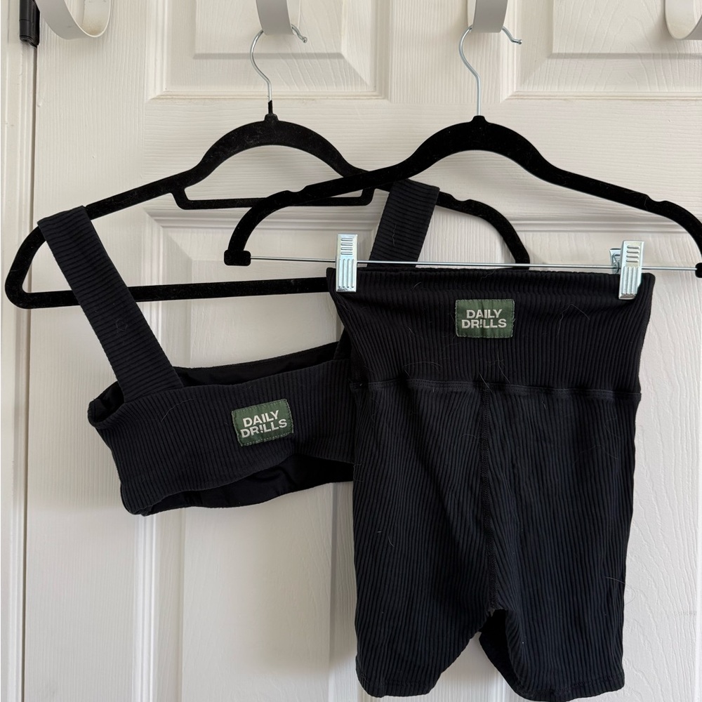 Daily Drills Black Ribbed Sports Bra and Short Set